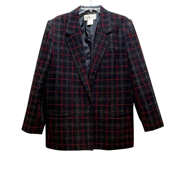 Collections Jackets & Blazers - Vintage Womens Black Red Plaid Blazer Size 16 Collections Dark Academia Preppy